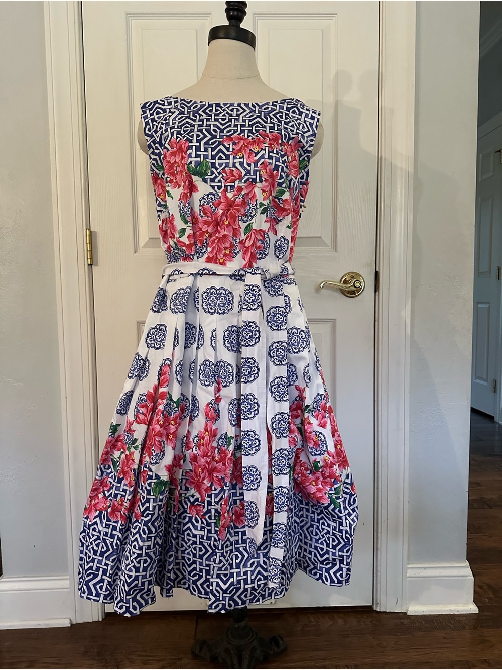 Talbots Blue, White & Pink Floral Fit-and-Flare Midi Dress